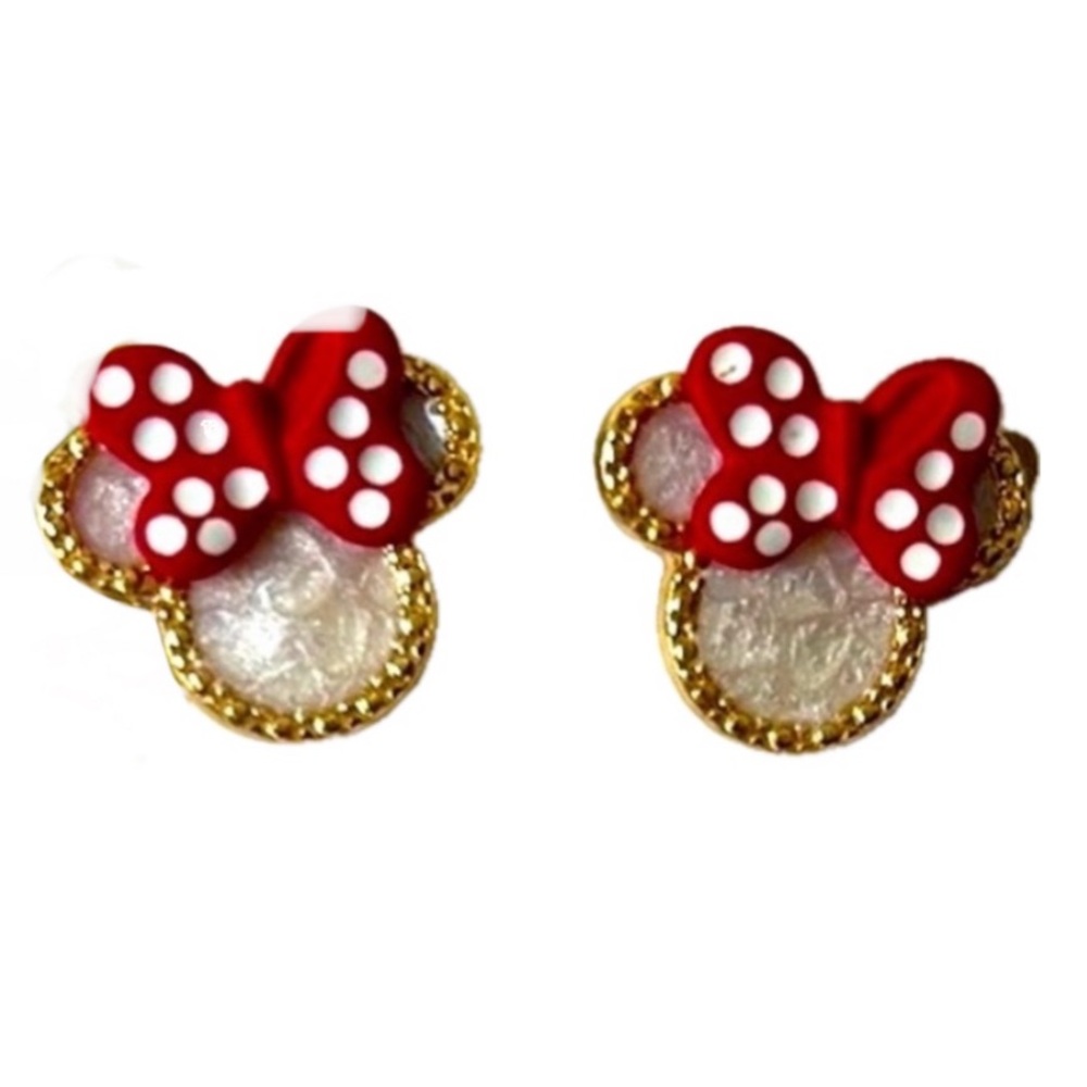 Minnie Mouse inspired Red White Polka Dot Bow Earrings Golden Silhouette Border